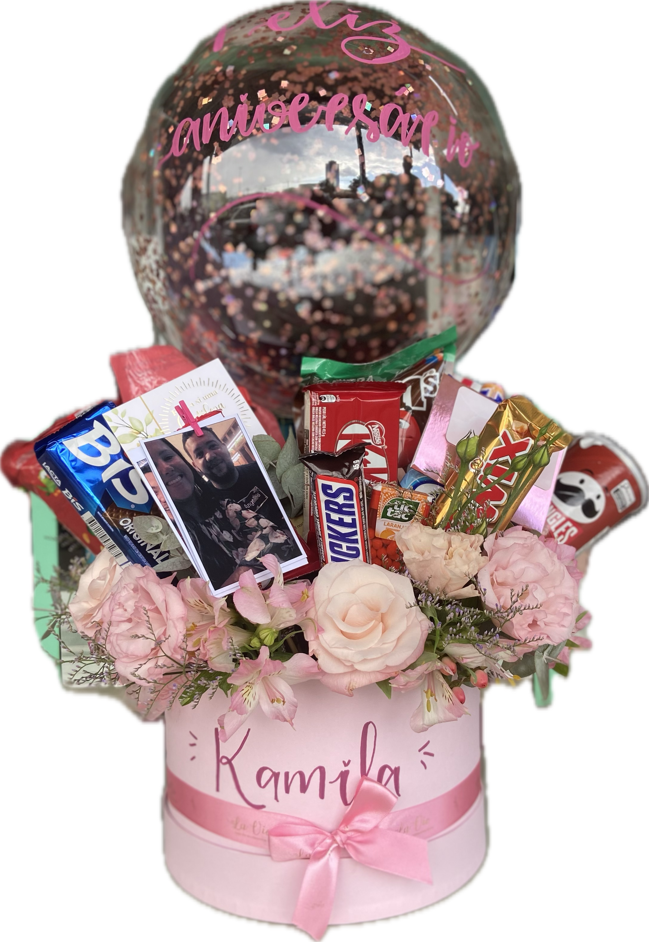 Box de flores com guloseimas rosa bb